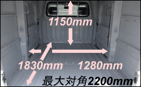 車両Aの荷室写真（寸法付き）